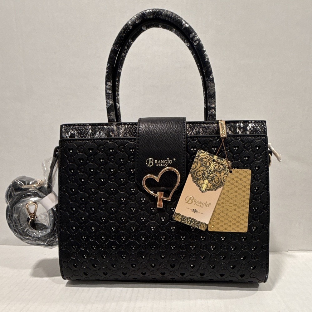 Brangio Italy Black Embossed Heart Satchel Top Handle Detachable Strap Pockets